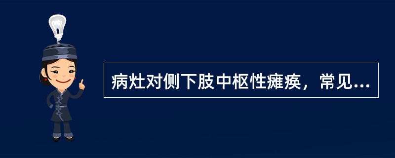 病灶对侧下肢中枢性瘫痪，常见于（）。