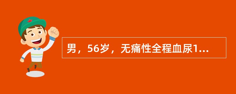 男，56岁，无痛性全程血尿1月，CT平扫及增强检查如图，下列说法正确的是（）