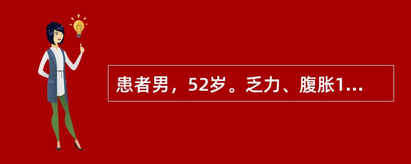 患者男，52岁。乏力、腹胀1年，加重伴腹痛2天。慢性乙型肝炎病史12年。查体：T