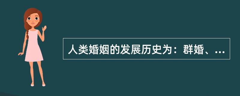 人类婚姻的发展历史为：群婚、族外婚、对偶婚、一夫一妻制。