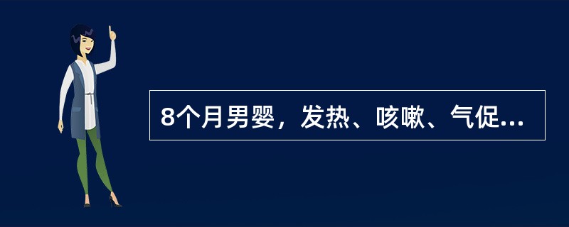 8个月男婴，发热、咳嗽、气促3天，注射青霉素2天气急加重。查体：体温39℃，呼吸
