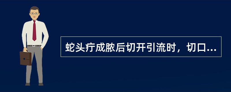 蛇头疔成脓后切开引流时，切口宜在（）