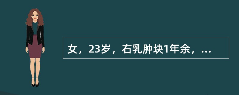 女，23岁，右乳肿块1年余，1.5cm×1.5cm大小，位于外上象限，表面光滑，