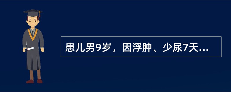 患儿男9岁，因浮肿、少尿7天，咳嗽、气促1天入院，7天前初为颜面浮肿，次日累及双