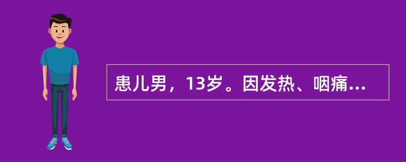 患儿男，13岁。因发热、咽痛1天就诊，体温39.8℃，颜面及四肢无水肿，扁桃体Ⅲ