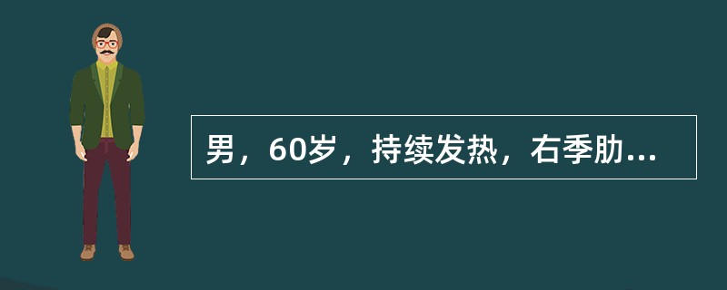 男，60岁，持续发热，右季肋部胀痛1个月，体温37～39℃，盗汗、消瘦明显，2天