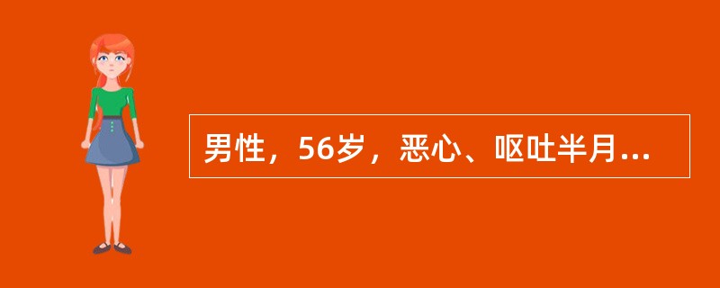 男性，56岁，恶心、呕吐半月余，呕吐宿食，近半年体重下降约lOkg，体检于上腹部