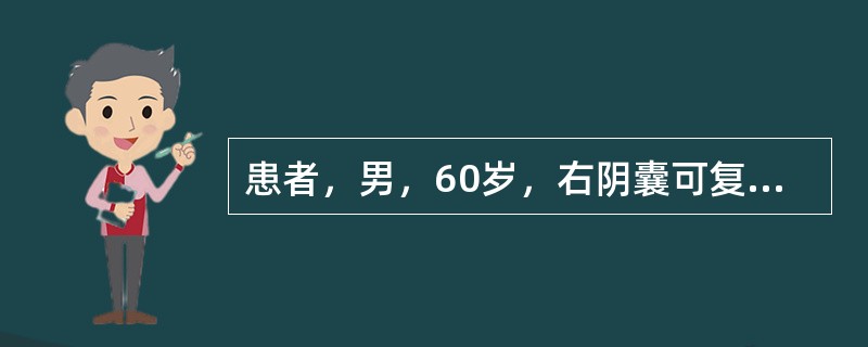 患者，男，60岁，右阴囊可复性肿物14年，不能还纳1天，伴呕吐，停止排气、排便。