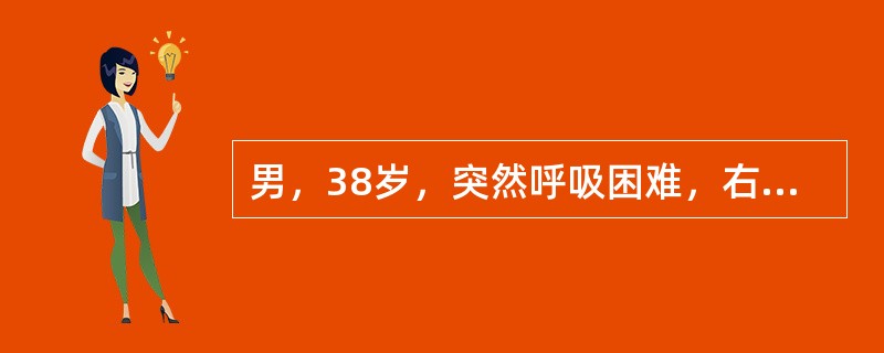 男，38岁，突然呼吸困难，右侧胸痛，查体：发绀，大汗。既往肺结核史，对该患者胸部