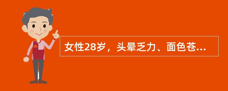 女性28岁，头晕乏力、面色苍白2年余。检验：红细胞2.6×1012/