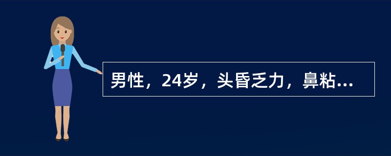 男性，24岁，头昏乏力，鼻粘膜出血及牙龈出血10天。检验：血红蛋白75g/L，白