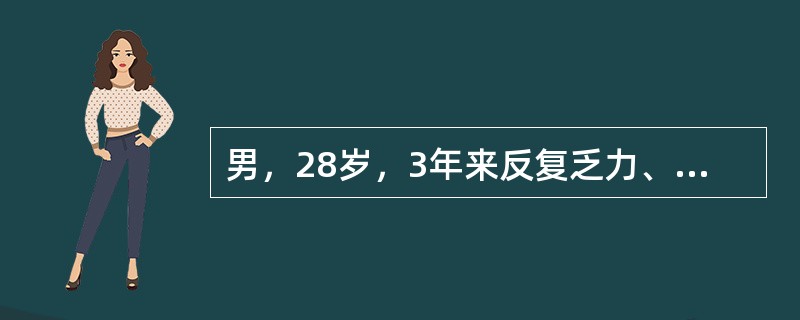 男，28岁，3年来反复乏力、纳差、肝区隐痛。血清转氨酶反复升高，胆红素偏高。血清