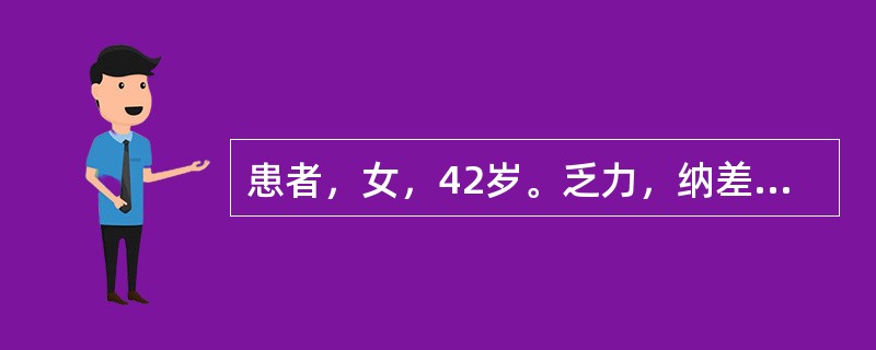 患者，女，42岁。乏力，纳差、腹胀伴发热8天，于8月8日来诊。开始为低热，近3天