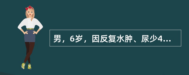 男，6岁，因反复水肿、尿少4周入院。查：血压12／9kPa（90／68mmHg）