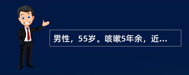 男性，55岁。咳嗽5年余，近来加重，咳少量脓痰，伴发热。胸片显示：双肺纹理增多，