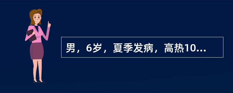 男，6岁，夏季发病，高热10小时，呕吐3次，惊厥2次。查体：神志恍惚，呼吸快，血