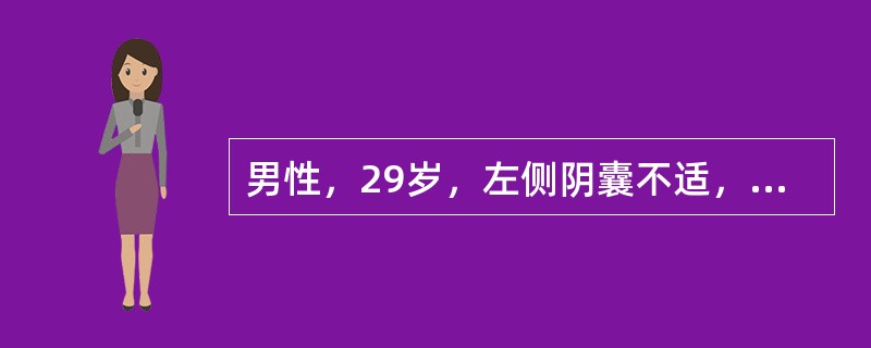 男性，29岁，左侧阴囊不适，劳累时下腹部坠痛，婚后3年未育；检查：站立时左侧阴囊