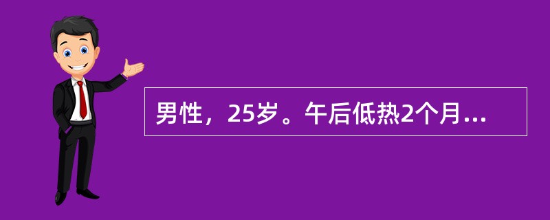 男性，25岁。午后低热2个月伴乏力、盗汗和消瘦，咳嗽，咳少量白痰。体检：肩胛间区