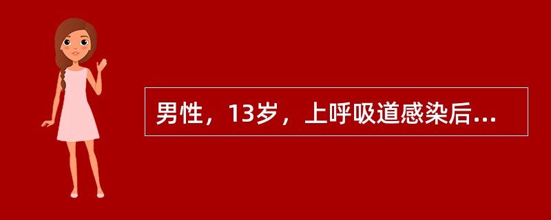 男性，13岁，上呼吸道感染后2周出现颜面水肿、肉眼血尿，血压130／90mmHg