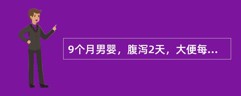 9个月男婴，腹泻2天，大便每日15～16次，蛋花汤样，精神萎靡，眼泪少，尿少，呼