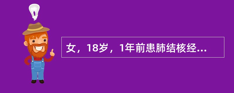 女，18岁，1年前患肺结核经抗结核治疗后好转，现发热、咳嗽、体重下降，结合CT图