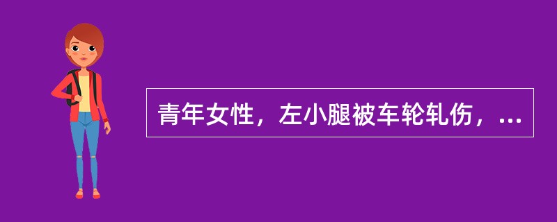 青年女性，左小腿被车轮轧伤，患肢明显肿胀，X线片示，左胫骨中段骨折，行石膏托外固