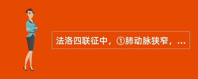 法洛四联征中，①肺动脉狭窄，②右心室肥厚，③主动脉右移骑跨，④高位室间隔缺损，引