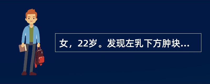 女，22岁。发现左乳下方肿块，活动，光滑，与皮肤无粘连，2个月来，肿块无明显增大