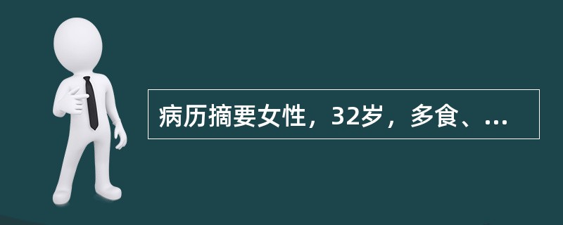 病历摘要女性，32岁，多食、多汗、易怒1年，劳累后心慌、气短2个月。1年前与家人