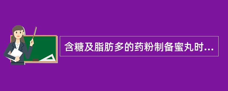 含糖及脂肪多的药粉制备蜜丸时，选择（）