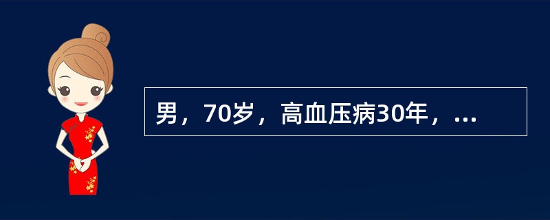 男，70岁，高血压病30年，夜间阵发性呼吸困难10年，间断双下肢水肿、少尿5年。