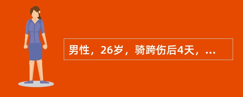 男性，26岁，骑跨伤后4天，排尿困难，尿道口仍流血。查体：体温38.5℃，阴囊明