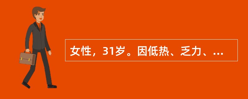 女性，31岁。因低热、乏力、月经不调2月就医。胸部X线摄片见右下叶背段团块状影伴