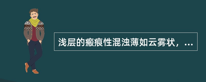 浅层的瘢痕性混浊薄如云雾状，通过混浊部分仍能看清虹膜纹理（）