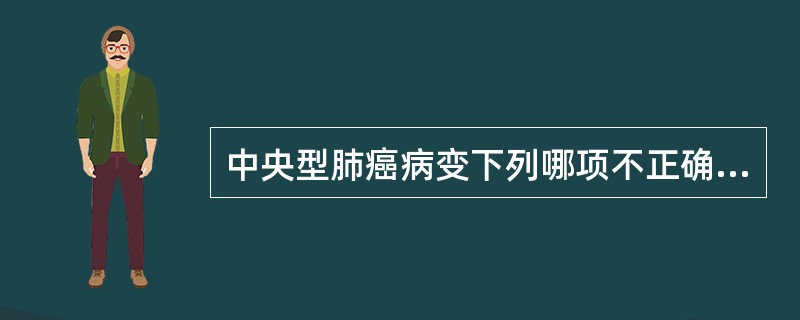 中央型肺癌病变下列哪项不正确A、位于肺门部B、由段以下支气管发生C、鳞癌多见D、