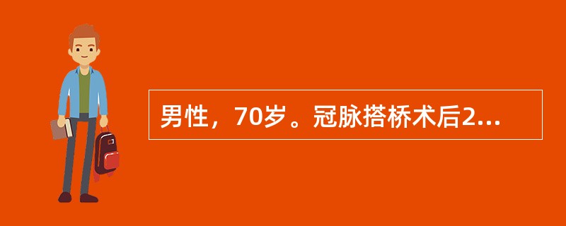 男性，70岁。冠脉搭桥术后2天，ICU监护，EKG筛选实验出现室颤，血压下降，此