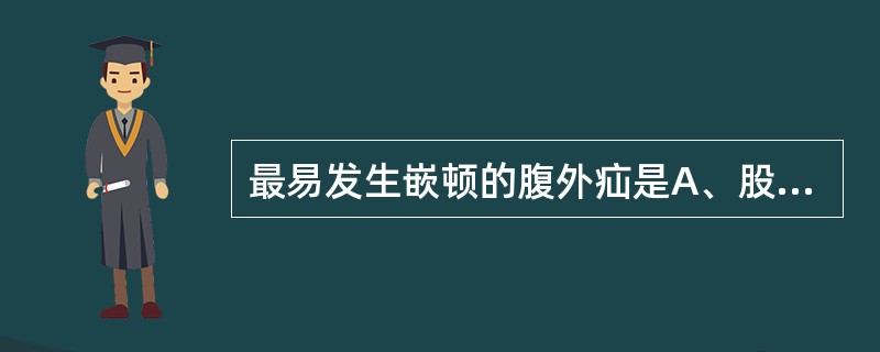 最易发生嵌顿的腹外疝是A、股疝B、腹股沟直疝C、腹股沟斜疝D、切口疝E、脐疝 -