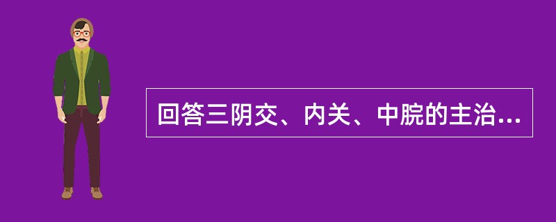 回答三阴交、内关、中脘的主治病证。