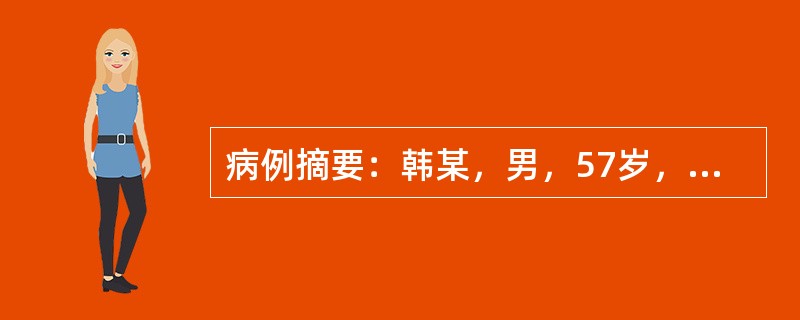 病例摘要：韩某，男，57岁，已婚，农民。2013年1月14日初诊。患者一月前感冒