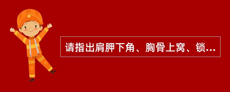 请指出肩胛下角、胸骨上窝、锁骨中线、腋中线、肩胛间区的体表位置。