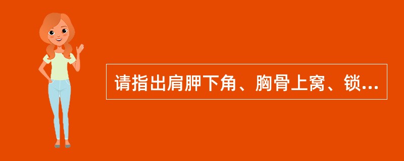 请指出肩胛下角、胸骨上窝、锁骨中线、腋中线、肩胛间区体表位置（须边指点边口述检查