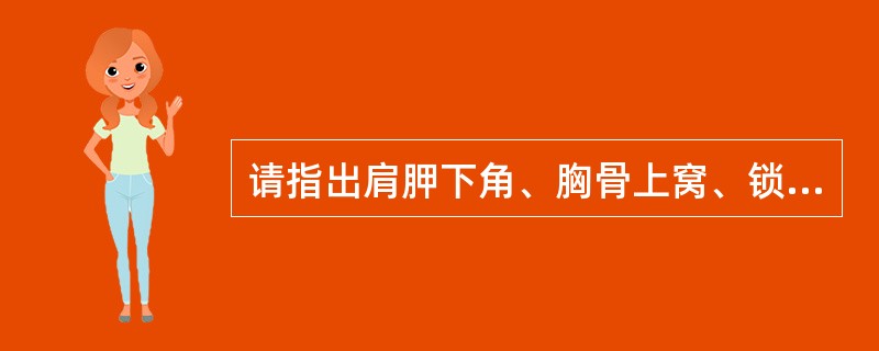 请指出肩胛下角、胸骨上窝、锁骨中线、腋中线、肩胛间区体表位置（须边指点边口述检查