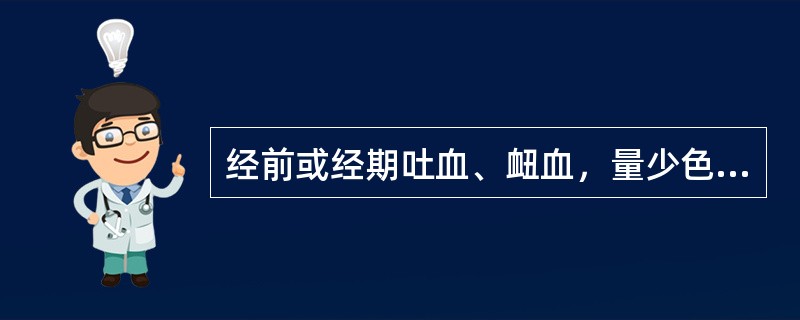 经前或经期吐血、衄血，量少色暗红，头晕耳鸣，手足心热，潮热咳嗽，月经先期、量少，