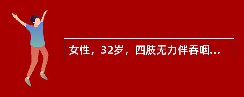 女性，32岁，四肢无力伴吞咽困难3天。今晨突起呼吸困难，大汗淋漓，喉中痰鸣。神志