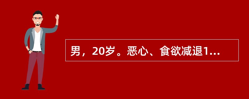 男，20岁。恶心、食欲减退1周，伴发热、尿黄2天。实验室检查：AST358U，