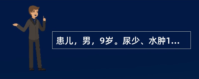 患儿，男，9岁。尿少、水肿1天。体检：眼睑部水肿，血压140£¯100mmHg£