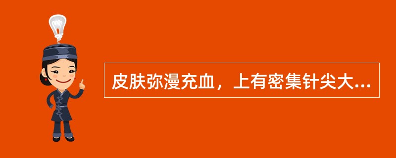 皮肤弥漫充血，上有密集针尖大小丘疹，触之砂纸感的是