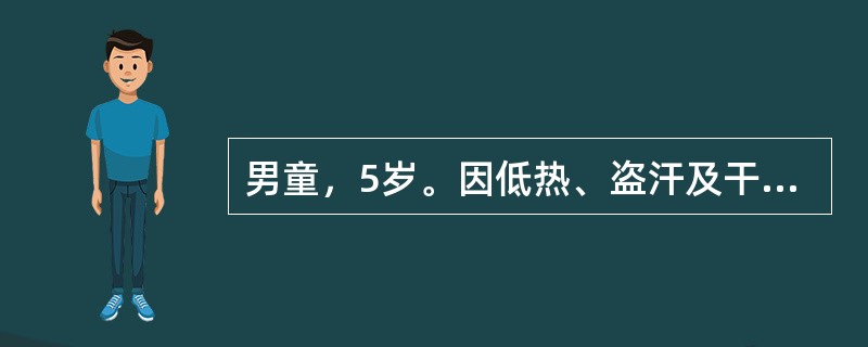 男童，5岁。因低热、盗汗及干咳2个月入院，体检：T38℃，消瘦，面色苍白，两肺呼