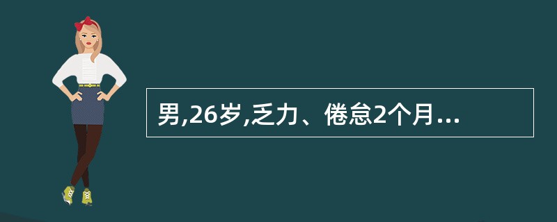 男,26岁,乏力、倦怠2个月,低热2周。查体:贫血貌,双下肢皮肤可见散在出血点,