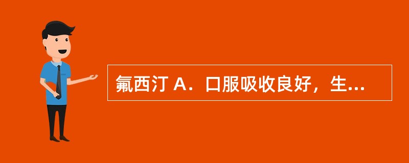 氟西汀 A．口服吸收良好，生物利用度100% B．生物利用度20%～36%，食物